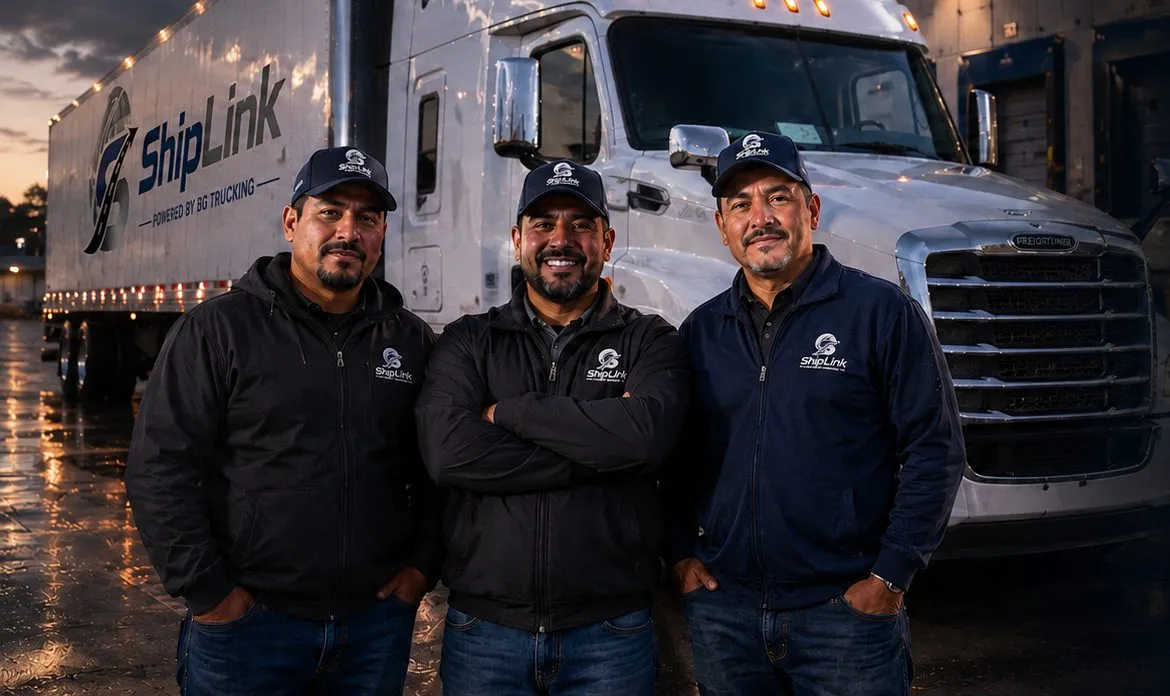 ShipLink drivers in front of a tractor-trailer at the yard