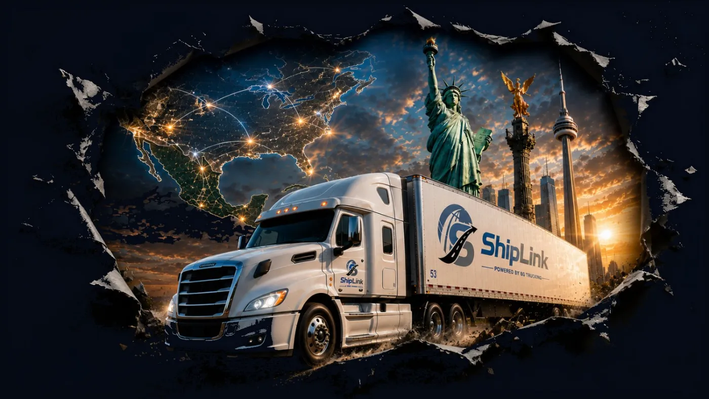 ShipLink tractor-trailer bursting through a torn wall over a North America network map with the Statue of Liberty, the Angel of Independence and the CN Tower