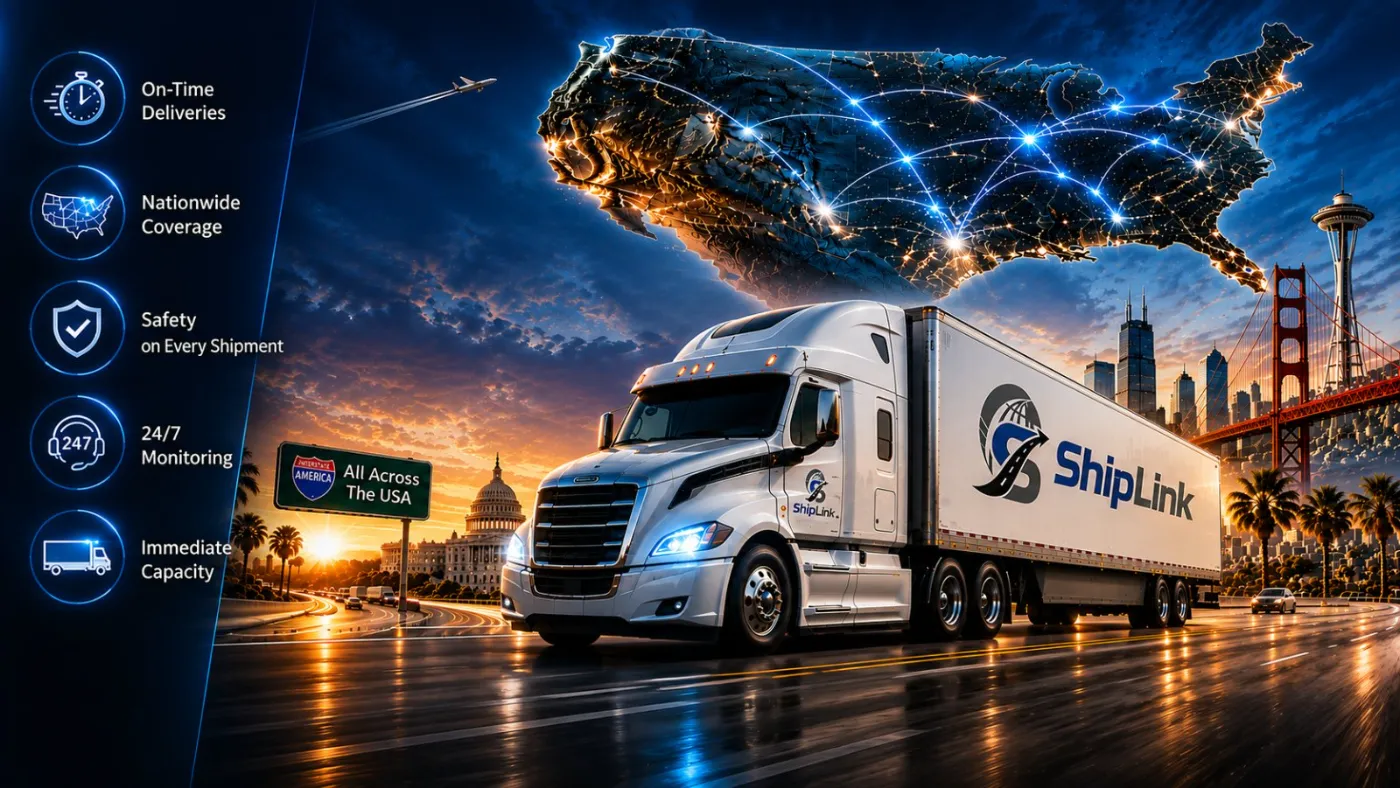 ShipLink tractor-trailer crossing the USA — on-time deliveries, nationwide coverage, safety on every shipment, 24/7 monitoring and immediate capacity