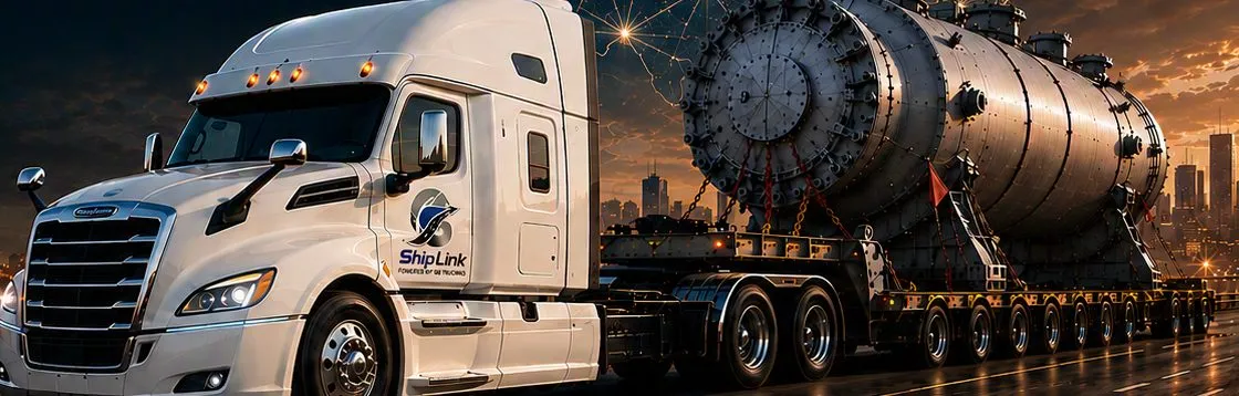 ShipLink specialized flatbed transporting an oversized industrial vessel