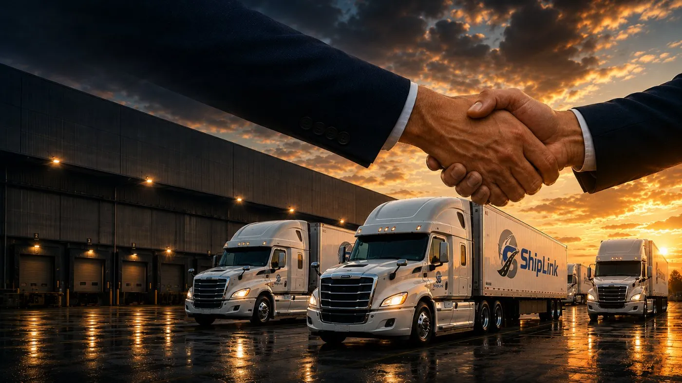 Handshake over ShipLink tractor-trailers at a distribution dock at sunset